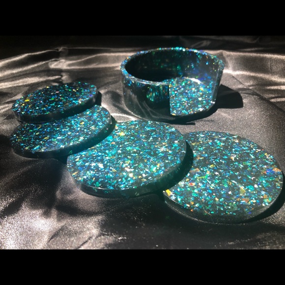 DISCOUNTED Rainbow Holographic Glitter Coaster Set With Matching Holder - Picture 7 of 17